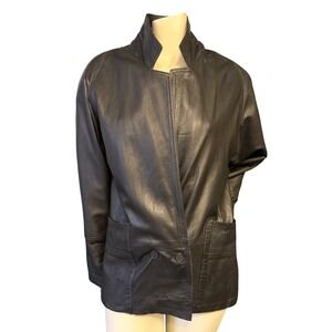 Vintage 90s Black Genuine Leather Blazer Jacket Womens M Minimalist Mob Wife